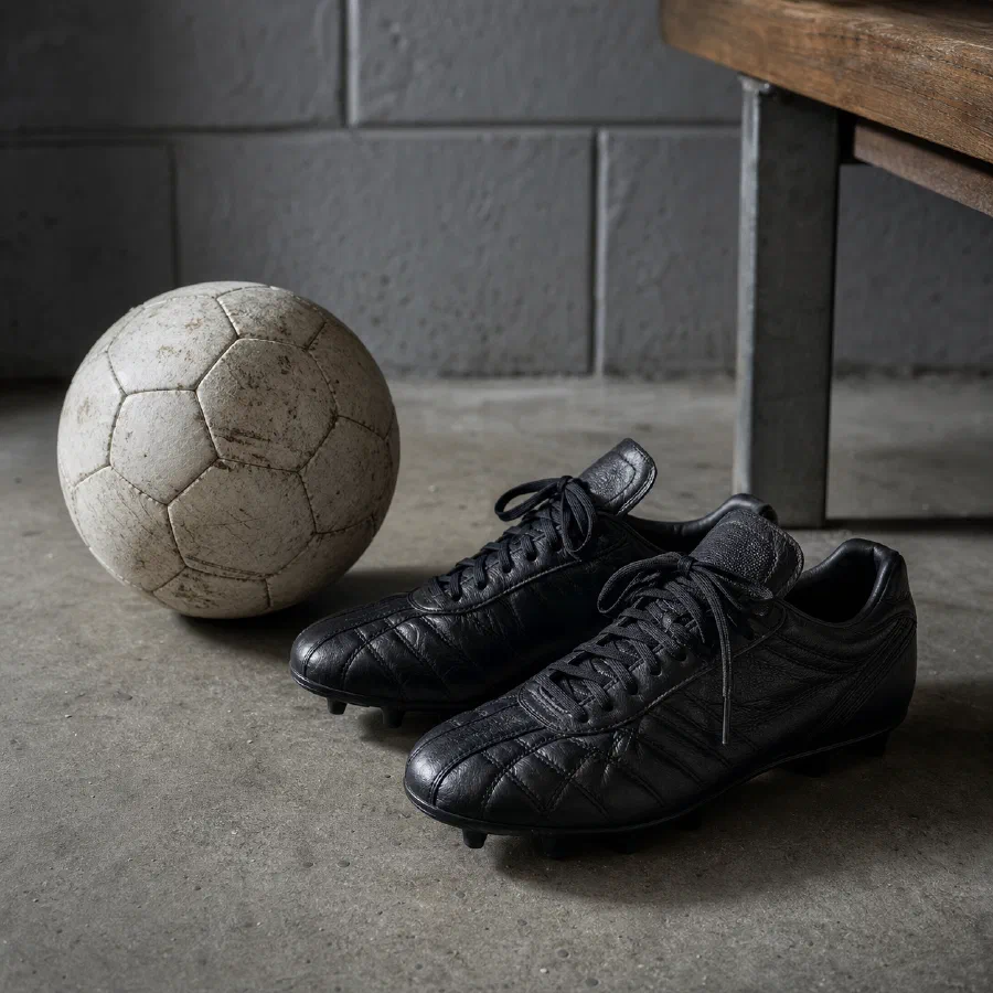 Unbranded black football boots beside a football