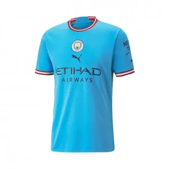 T-Shirt Manchester City FC Home Jersey 2022-2023 Light Blue-Intense Red