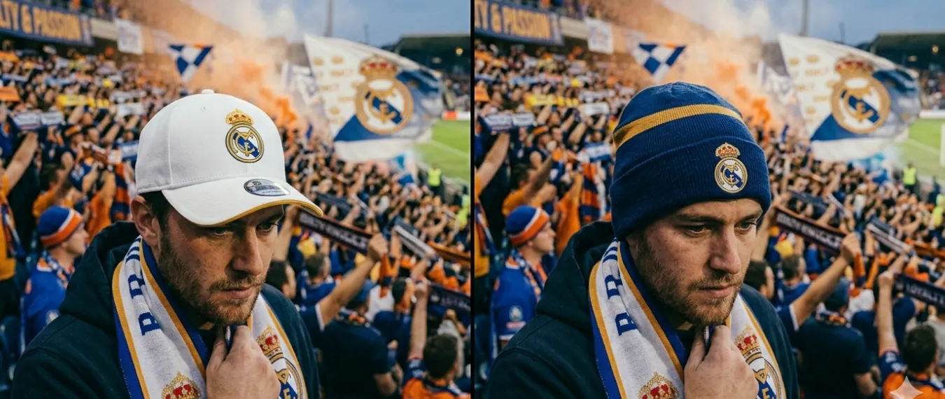 soccer fan wearing a team beanie and a hat