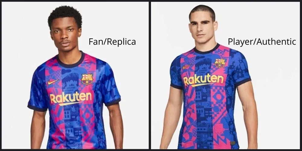 Barcelong player vs fan jersey fit side by side images