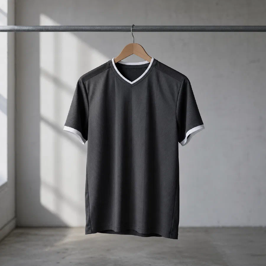 Unbranded charcoal football shirt hanging on a rail
